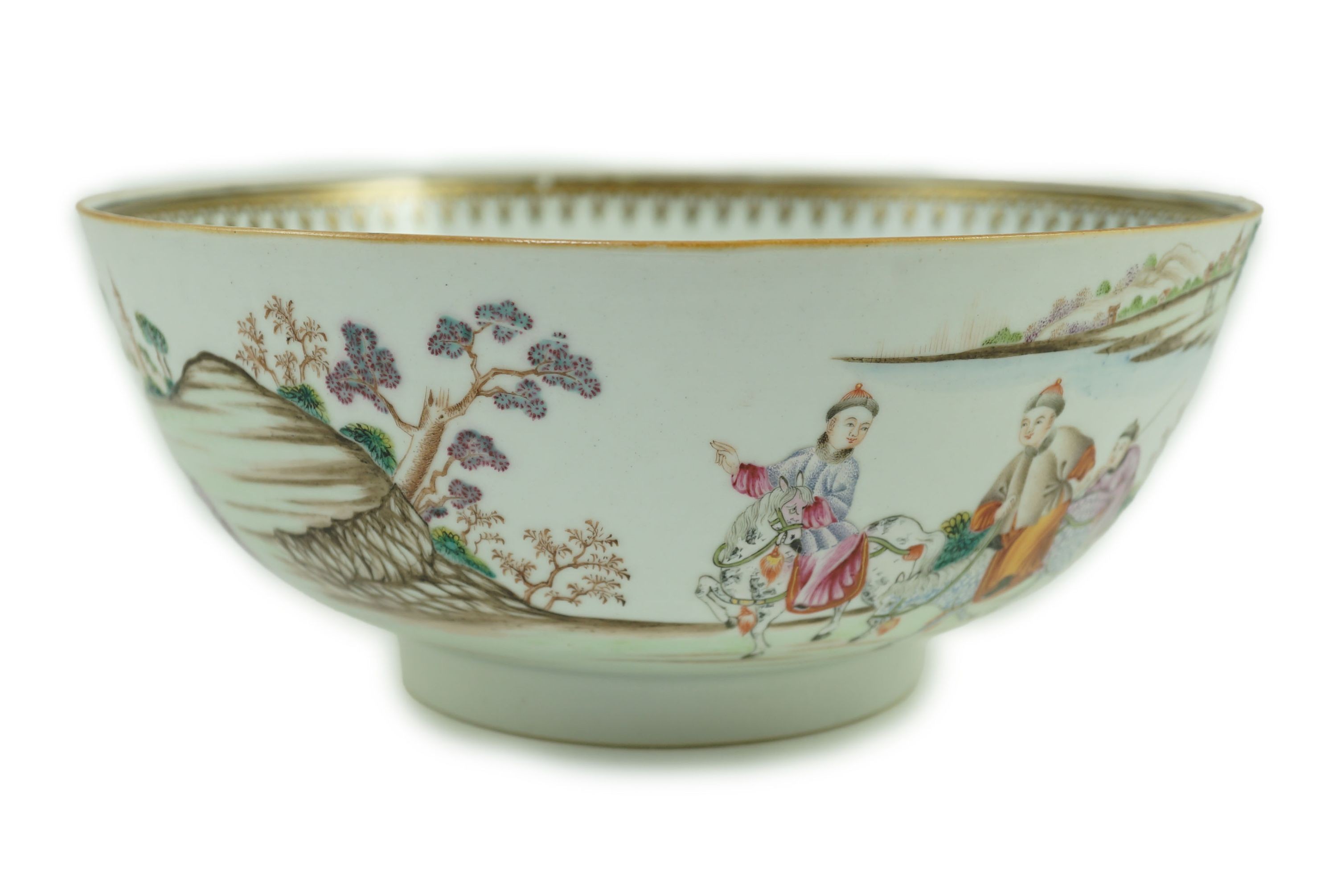 Chinese export famille rose fencai ‘Imperial Hunt’ punch bowl, Qianlong period, 26.4cm diameter